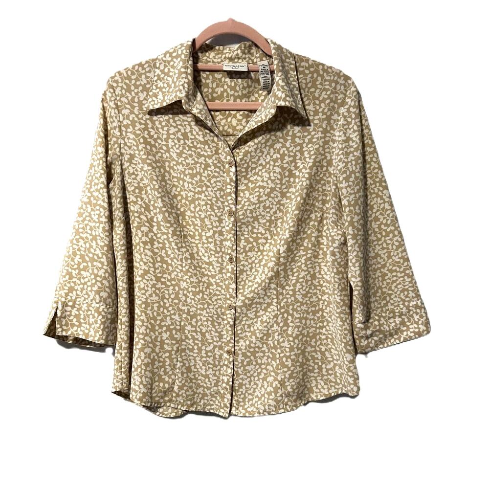 Covington Petite Med Button Down ¾ Sleeve Collar Beige/White Leaf Print Preowned